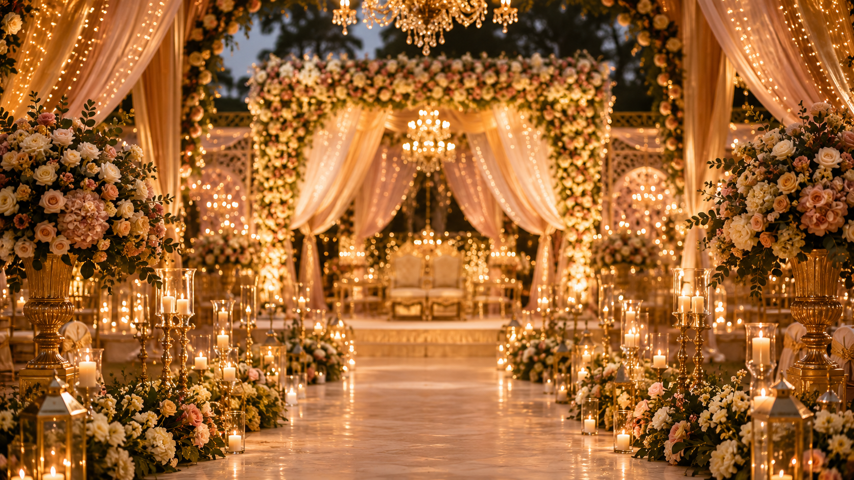 Elegant White Tie Events table setting with candlelight and floral décor